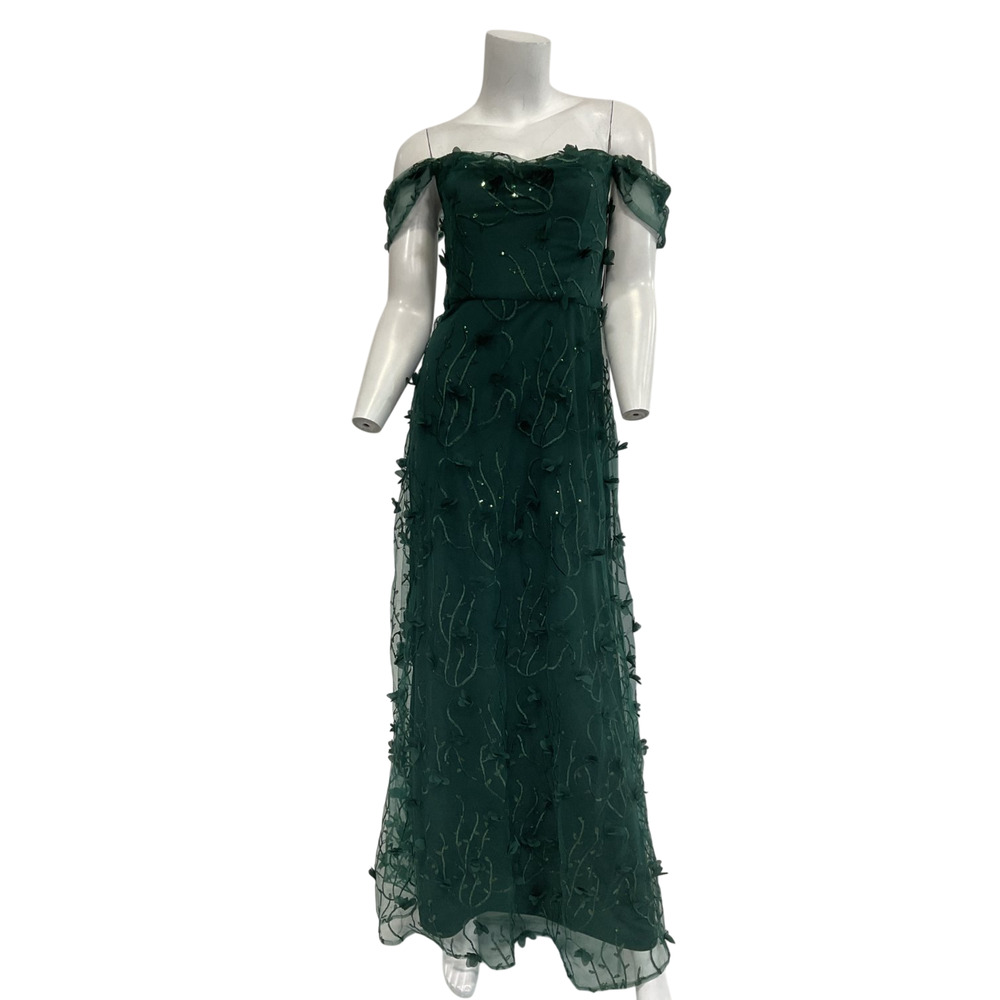Dessy Collection Embroidered Evergreen Off The Shoulder Gown Size 6 - Picture 2 of 7
